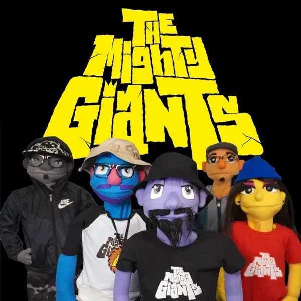 Five hip hop puppet characters in caps and streetwear beneath The Mighty Giants logo.
