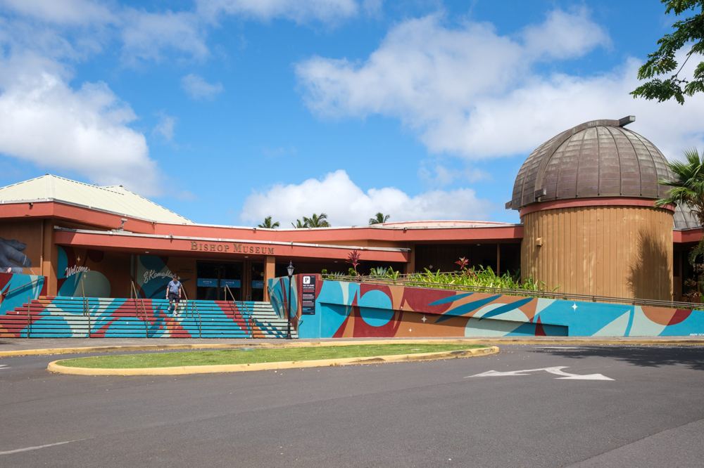 The museum's front entrance with stairs and walls painted in bold teal, red and blue shapes.