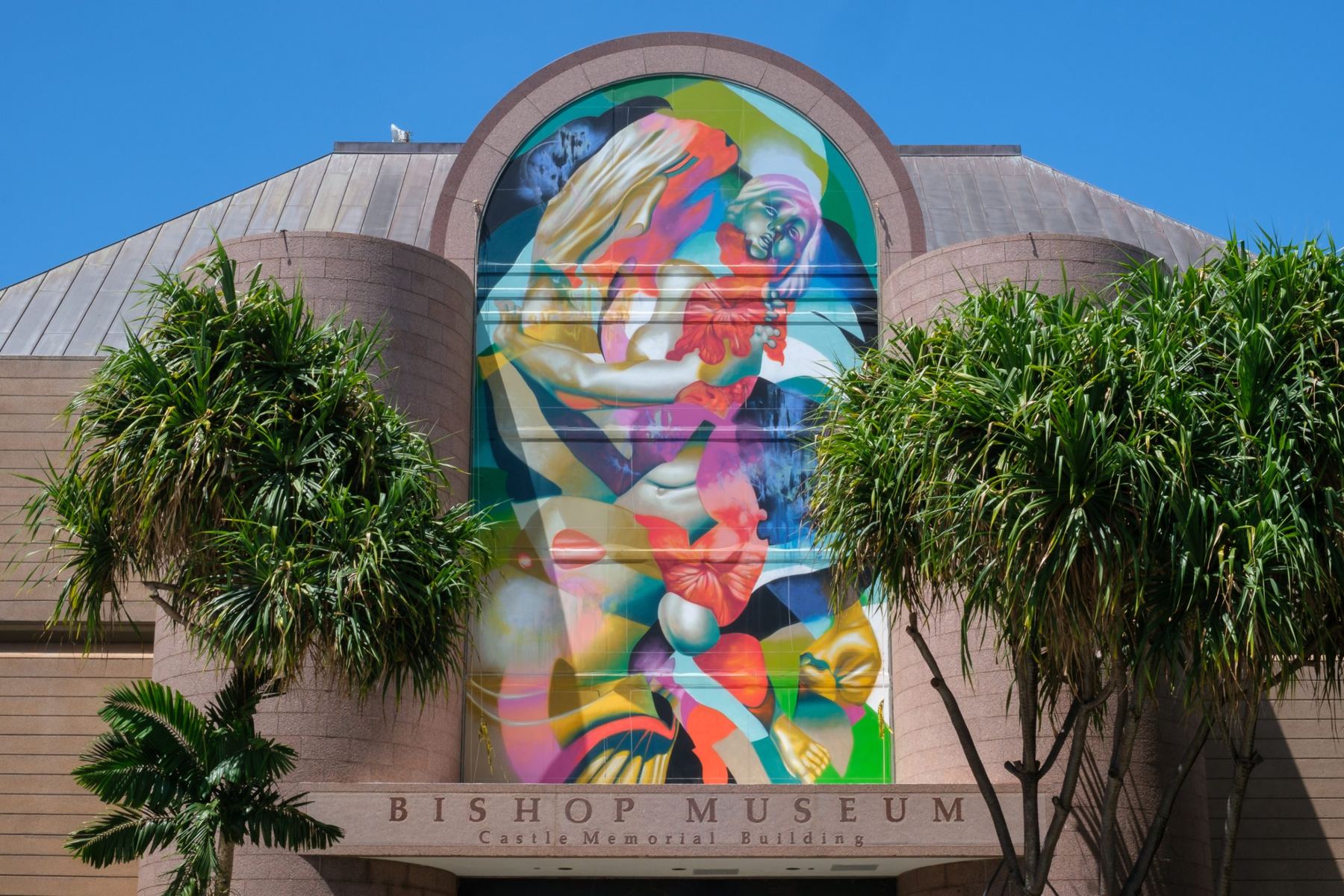 A towering, colorful mural of a woman's face in swirling layers above the entrance of the Castle Memorial Building, framed by hala trees.